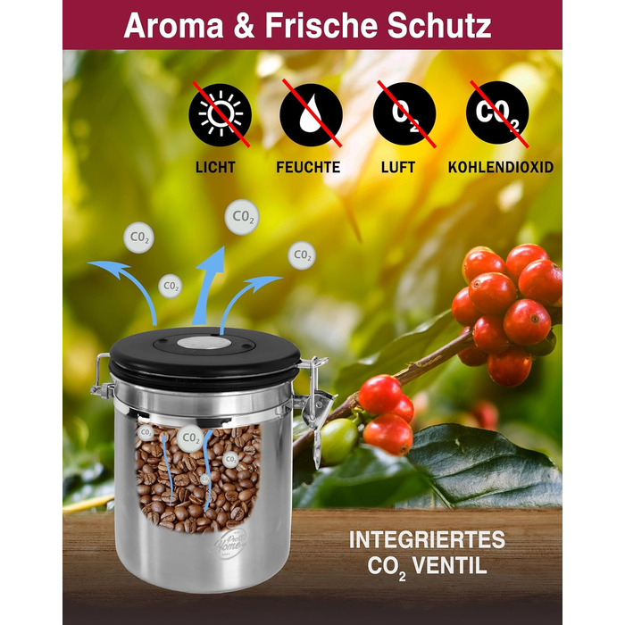 Контейнер для кави Kaffeedose 500г, нержавіюча сталь, 1,5л з дозатором та календарем, срібний