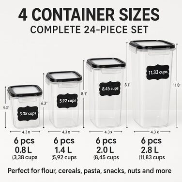 Набір контейнерів для зберігання продуктів з кришкою, 24 шт. BPA-free, великі кухонні контейнери, органайзер для борошна, цукру, круп, з ручкою та етикетками