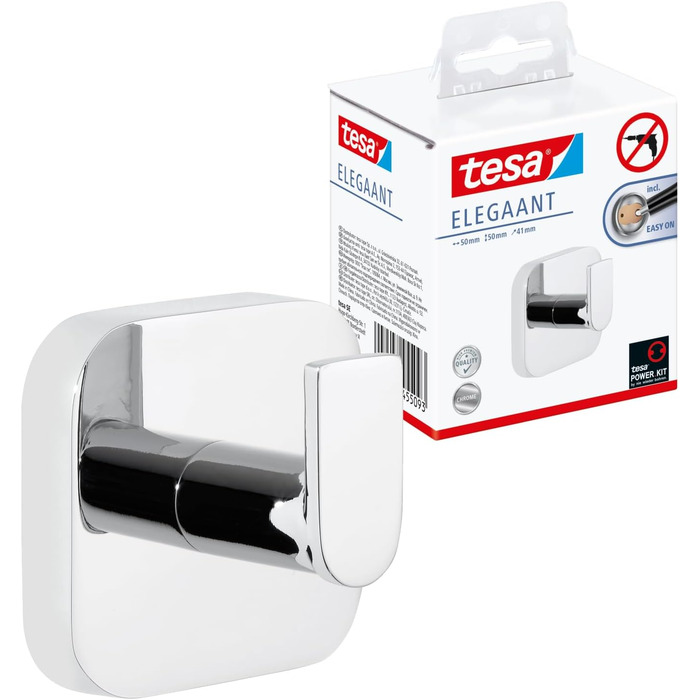 tesa ELEGAANT Towel Hook, Chrome - Bathroom Hook for Wall Mounting without Drilling, including Adhesive Solution - 50 mm x 50 mm x 41 mm