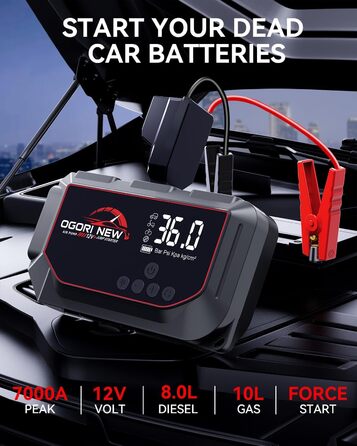 Портативний пусковий пристрій OGORI з компресором 150 PSI та LED-ліхтариком, 7000A, для автомобілів 12V (8L бензин/10L дизель)