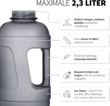 Фітнес пляшка для води 720°DGREE uberBottle Jug 2300 мл, BPA-free, з ручкою, для спорту та тренувань, сіра Stone Gray, софт-тач
