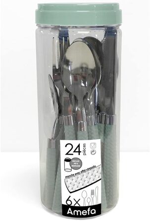Amefa PAILLE Cutlery Set, 24-Piece | Cutlery Set for 6 People | Stainless Steel, Dishwasher Safe | Cutlery with Colorful Handles in Pastel Green | Dinner Cutlery