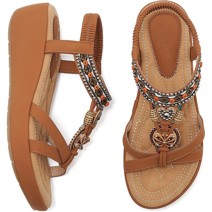 Босоніжки жіночі літні богемні на танкетці Keilsandalen, коричневі 42 EU, з камінням та перлами, 5 см
