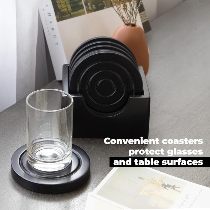 Colorful Wooden Coasters for Drinks - 6-Piece Set for Drinking Glasses, Table Protector for Every Table Type, Gift Set for All Occasions (Black, Coasters (With Holder))