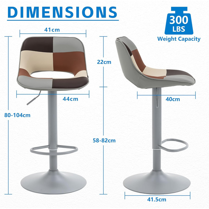 YOUNIKE 2-Piece Adjustable Bar Stools - Boho Patchwork Design - Swivel Kitchen Bar Chairs with Hollow Backrest - Yellow Green (Gray Beige)