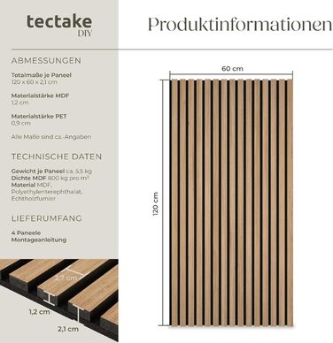Набір 3D акустичних панелей tectake під дерево 120 x 60 x 2,1 см, шумопоглищаючі стінові панелі для вітальні та кухні, дуб (4 шт.)