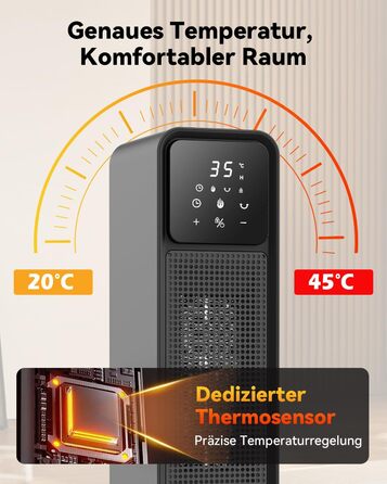 Ефективний енергозберігаючий обігрівач, 1500W PTC кераміка, 34 dB, термостат, таймер 12 год, захист від перегріву та перекидання, з пульт дистанційного керування (матовий чорний)
