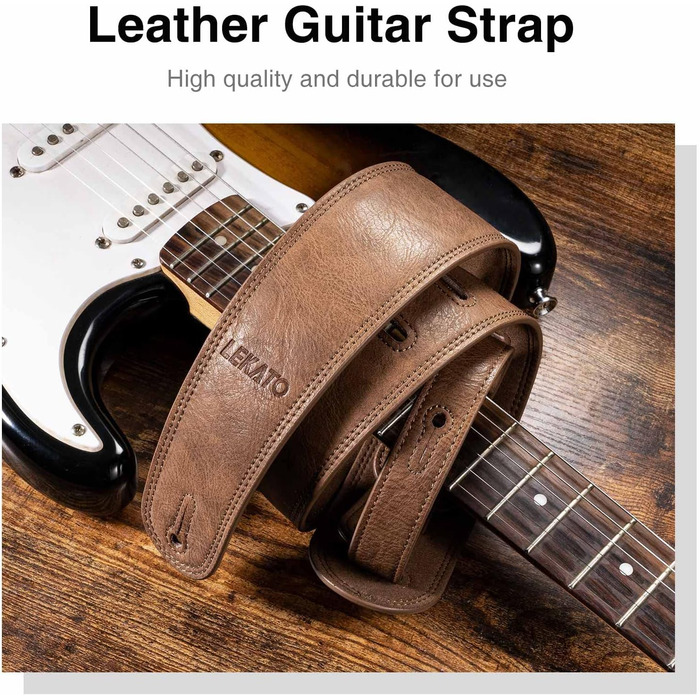 Шкіряний ремінь для гітари Lekato з товстою амортизуючою подушкою, універсальний для бас, електро-, акустичної та класичної гітари, регульований, довжина 41-51 см (колір коричневий)