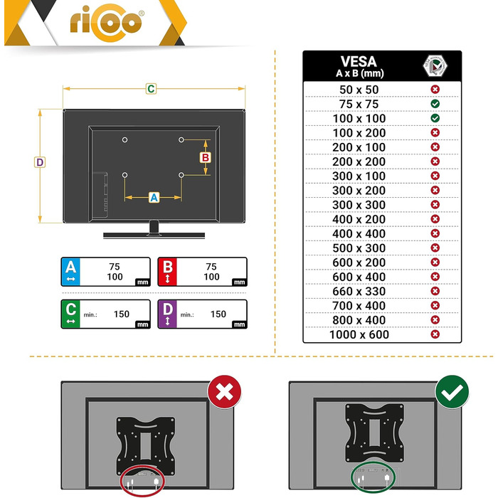 Настінне кріплення для монітора/телевізора RICOO S3911 13-34 дюйми VESA 75x75/100x100 поворотне