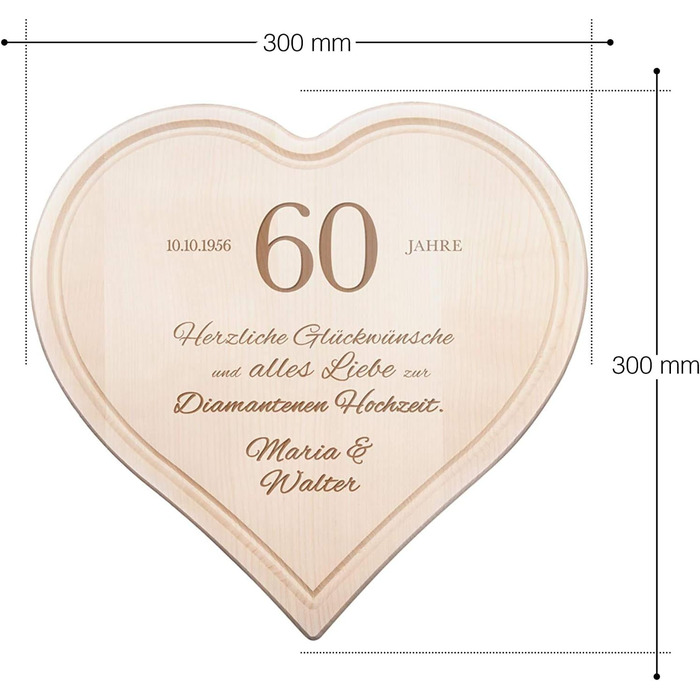 Casa Vivente Heart Cutting Board with Personalized Engraving and Juice Groove, Diamond Wedding Anniversary Wishes with Name and Date, 30 x 30 CM