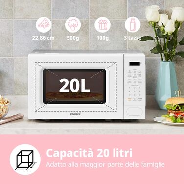 Мікрохвильова піч COMFEE' Digitale, 20 л, 700 Вт, білий колір, 11 рівнів потужності, 6 попередньо встановлених меню, функція розморожування, Express Cook, пам'ять