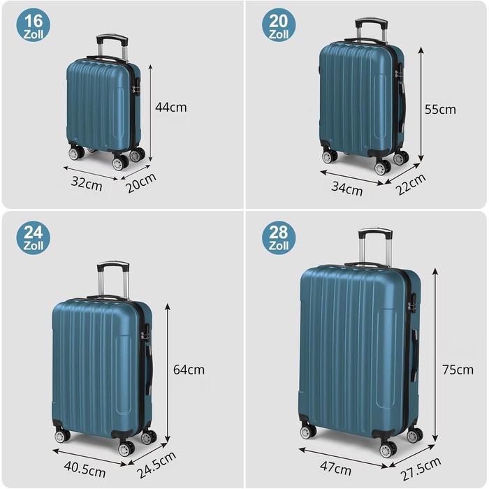 Набір валіз LALAHO 3/4/5 шт. з косметичками, ABS, для подорожей, ручна поклажа (Marineblau-4)
