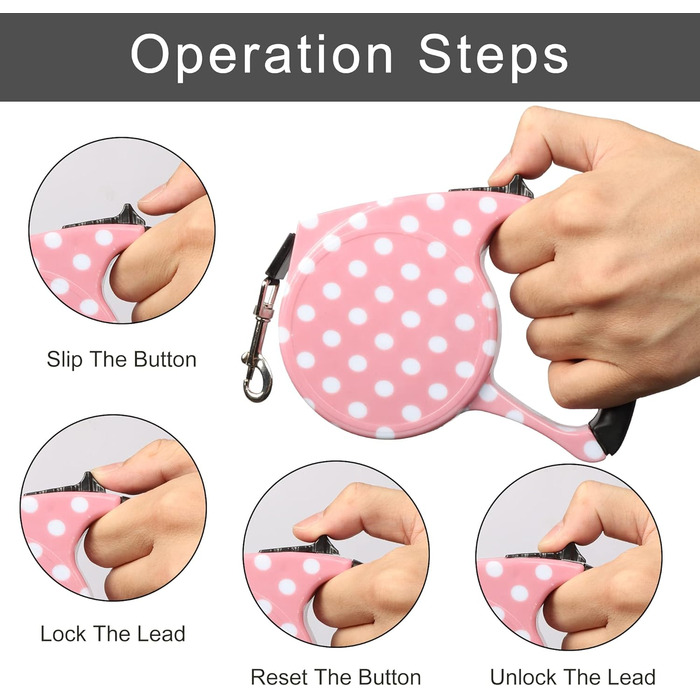 Висувна поводок для собак, 5 м, для маленьких та середніх собак до 25 кг, антизаплутування, міцний нейлоновий поводок (рожево-білі крапки)