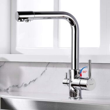 Кухонний змішувач 3-в-1 з обертанням 360° з нержавіючої сталі, з двома ручками, для фільтрації води, гарячої та холодної води, високого тиску, 3 шланги по 50 см