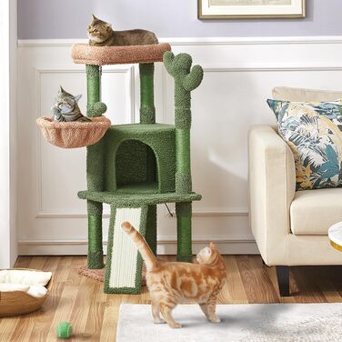 Yaheetech Cat Tree Cactus, Height 106.5 cm, Stable Cat Tree Climbing Tree with Viewing Platform, Cat Cave, Lounging Bed, Sisal Posts, Green/Brown