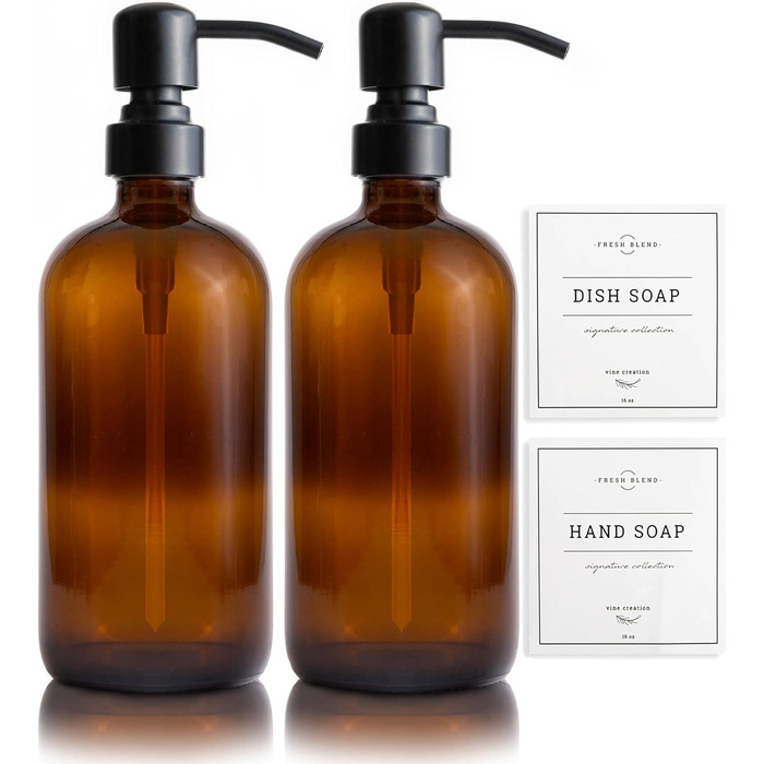 2-Pack Soap Dispenser Set for the Kitchen with Stainless Steel Pump, Amber Glass, 475ml, Hand Soap Dispenser for the Bathroom, Dish Soap Dispenser for the Kitchen with Waterproof Labels