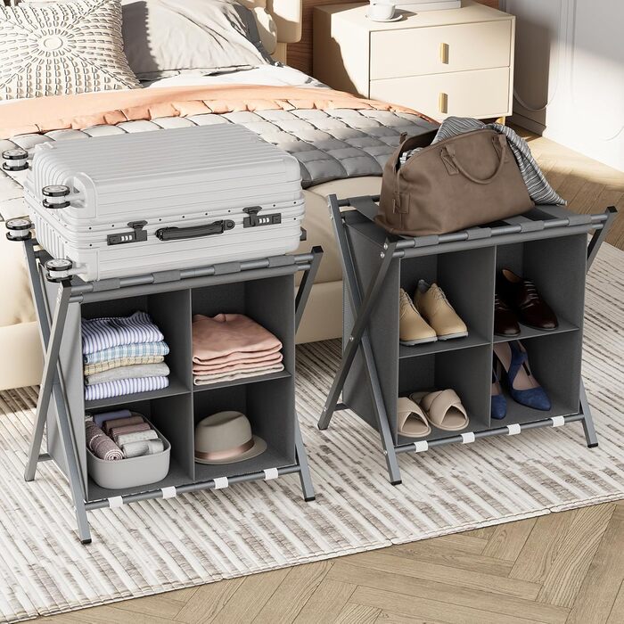aboxoo 2-Pack Luggage Rack with Storage Space, Guest Room, Folding, Holds up to 54.4 kg, Space-Saving Suitcase Racks for Guest Rooms, Bedrooms, Hotels, Black (Gray, 2 Pieces)