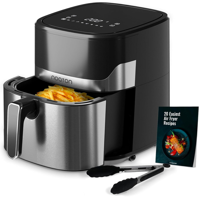 Фритюрниця Noaton з гарячим повітрям 6,2 л, цифровий Air Fryer, 8 програм, 1600 Вт, без олії, регулювання температури 80-200°C, з кулінарною книгою та кухонними щипцями, компактна