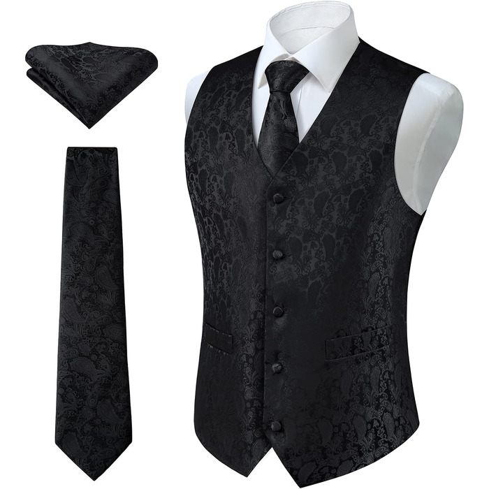 Костюм-тріо Enlision для чоловіків: жилет, краватка та нагрудна хустинка з квітковим патерном пейслі, чорний, розмір L