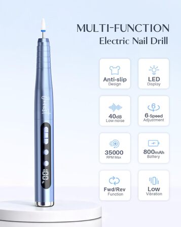 Електрична фрезерна машинка JOREST 13-в-1 бездротова, 35 000 об/хв, 6 режимів - набір для манікюру та педикюру для гелю та акрилу, для початківців, Aqua Blue