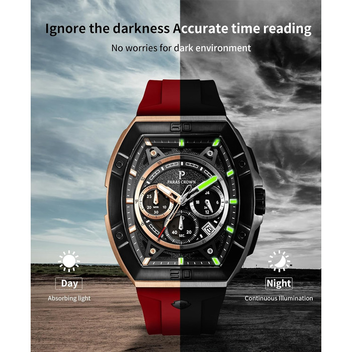 Чоловічий годинник-хронограф на кварцовому механізмі з японським годинниковим механізмом, 5ATM, корпус з нержавіючої сталі, тонка форма корпусу (Tonneau), силіконовий ремінець (рожево-червоний)