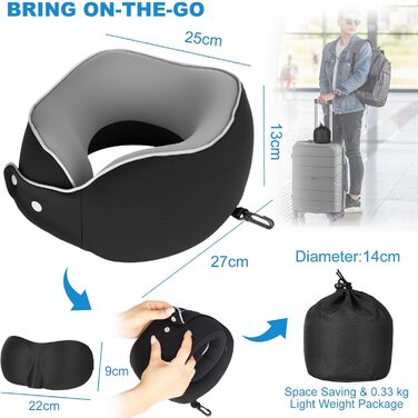 Ортопедична подушка для шиї з memory foam - підтримка 360°, для подорожей (літак, авто, поїзд), знімний плюшевий чохол, у комплекті: чохол для перенесення, навушники та маска для сну