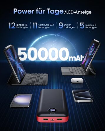 Power Bank 50000mAh з LED дисплеєм: Швидка зарядка 22.5W, 3 виходи USB-C, 2 входи, сумісний з iPhone, iPad, Android, червоний (XX-Large)