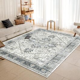 OMERAI Rug Living Room - Large Rug 200X290CM Rug Cyan Oriental Style, Short Pile Carpet - Washable in Washing Machine Boho Vintage Rug Cyan 200 x 290 cm
