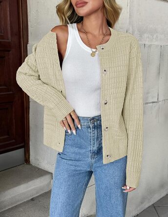 Жакет Zeagoo з довгими рукавами, кардиган з круглою шиєю, в'язаний жакет на ґудзиках, відкритий спереду, елегантний в'язаний светр для жінок (M, пісочний)