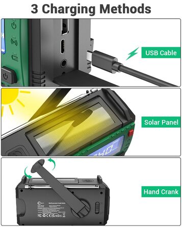 Радіо Kurbelradio з сонячною панеллю Esky, 10000mAh, AM/FM, SOS-сигнал, компас, LED-ліхтарик, живлення для смартфона, для надзвичайних ситуацій та кемпінгу, зелене
