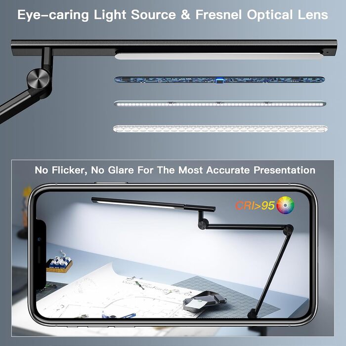 VERSKI LED Desk Lamp with Adjustable Brightness & Color Temperature - 18W Dual Light Source, Clamp-On, Eye Protection, Daylight Lamp for Home Office & Study