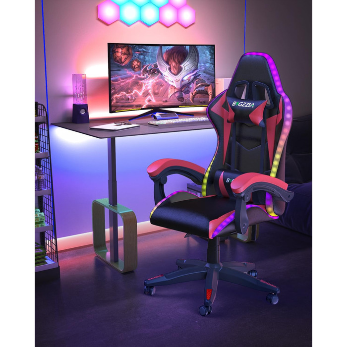 Ігрове крісло Racingreat з RGB LED підсвіткою, ергономічне геймерське крісло (Чорно-червоне, Синя світлова смуга)