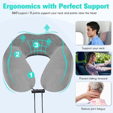 Подушка для шиї у вигляді звірка, Memory Foam, для дорослих, з маскою для сну та берушами, для подорожей, літака, офісу, авто, поїзда (Сіра)