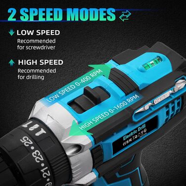 Акумуляторний шуруповерт 21V з акумулятором 2000mAh, 50Nm крутний момент, 25+3 ступені крутного моменту, 2 акумулятори та швидка зарядка, для саду, дому, DIY проектів