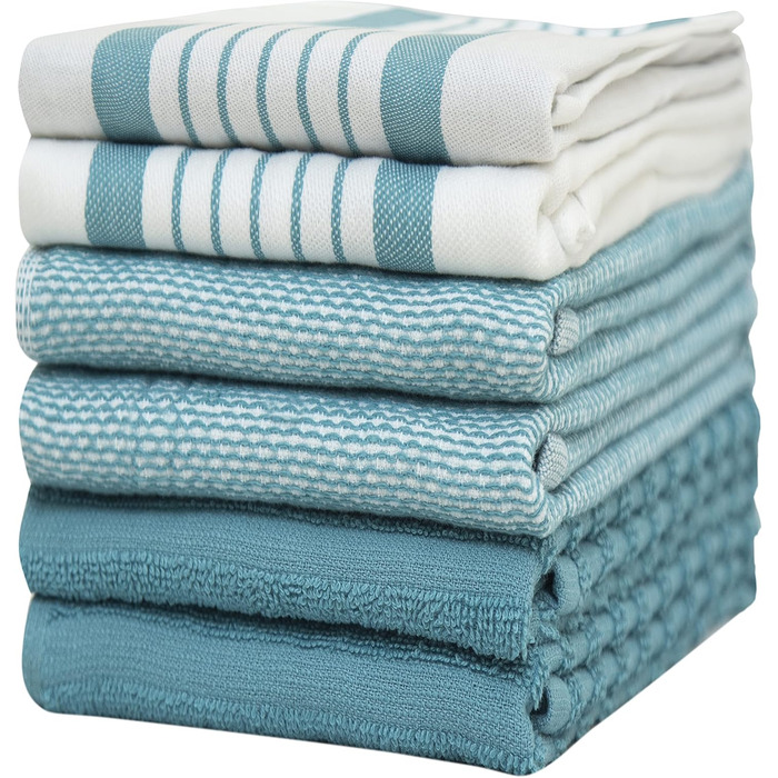 Bumble Kitchen Towels - Dishcloths, Towels, Cotton - 6 Pack - XL Size 50 x 70 cm - Elegant, Soft, and Robust Ringspun Cotton in 3 Different Textures (Aqua)