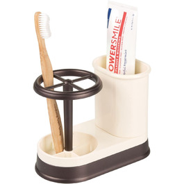mDesign Toothbrush Holder - high-quality toothbrush holder made of plastic for the bathroom sink or vanity cabinet - practical holder for toothbrushes and toothpaste - white and matte silver (Vanilla/Bronze)