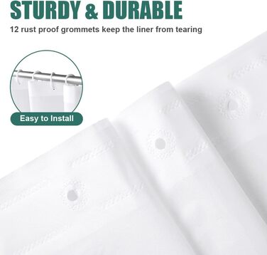 Шторка для душу URAQT, водонепроникна, антигрибкова, швидковисихаюча, PEVA, 180x180 см, 12 кілець, для ванни (Біла)