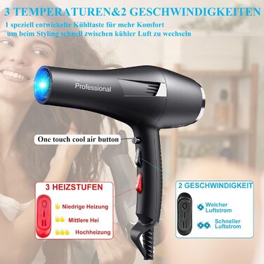 Іонний фен LOEVERY з потужним AC мотором 2400W, дифузором та 3 насадками, для професійного та домашнього використання, чорний