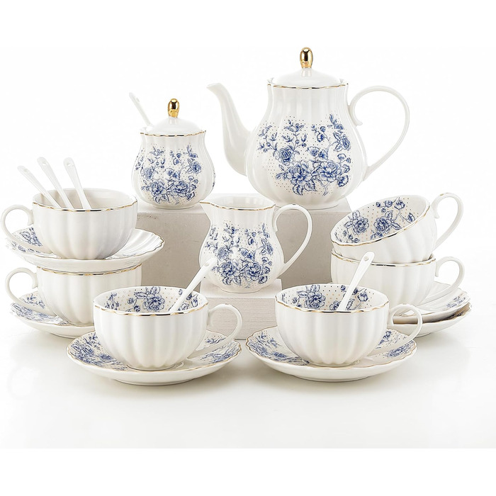 Porcelain Teaservice, Gold Tea Set for Party, Wedding (Blue)