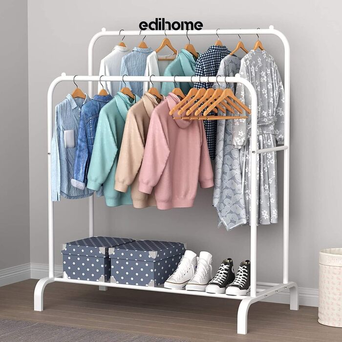 edihome Clothes Rack, Clothes Rail, Double, 110 x 150 x 54 cm, Shoe Rack, Metallic, Stable, Clothes Organizer (White)