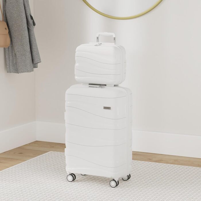 Набір валіз KONO 2 шт: ручна валіза-тележка 56 см + косметичка з поліпропілену, жорсткий корпус, 4 колеса, TSA-замок (кремово-білий)