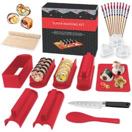 Набір для приготування суші, 20 предметів, для початківців, з формами для ролів, виделкою, ножем, килимком для ролу, палочками, повний комплект (Чорний) (Червоний+тарілка)