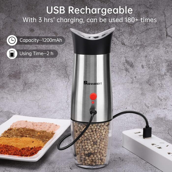 Електричний млин для солі та перцю з керамічним механізмом, USB заряджанням, регулюванням помолу, 1 шт.