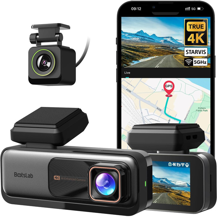 Відеореєстратор BOTSLAB Dashcam Auto з GPS, 4K, Dual, WiFi, ADAS, Нічне бачення, 64GB SD, 2.45' IPS, 24/7, Loop, WDR, 170°