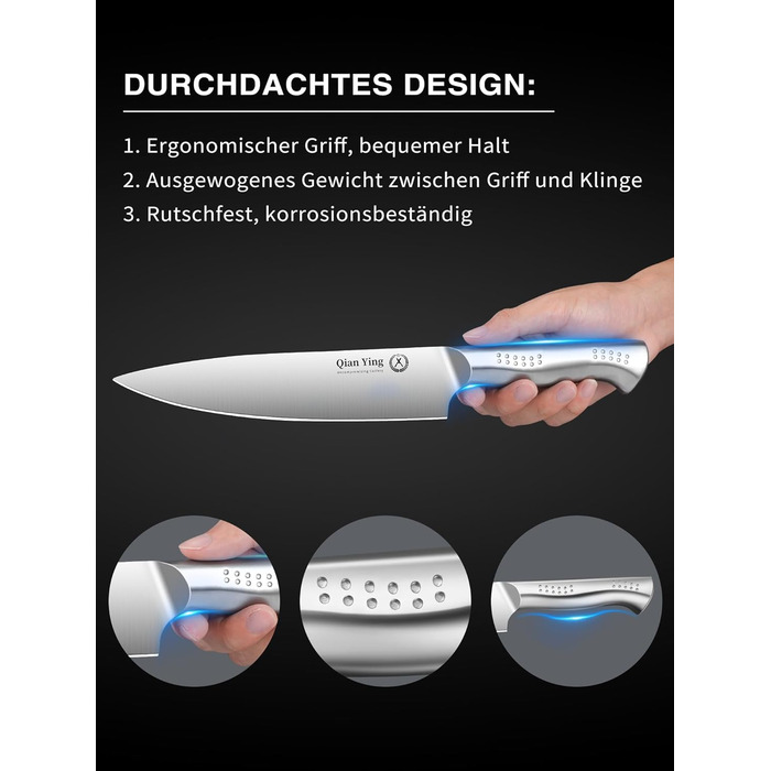 Набір кухонних ножів Qianying з блоком: 14 предметів. Набір ножів з підставкою, точилка, срібний колір. Кухонні ножі, подарунок для мами. Преміум якість.