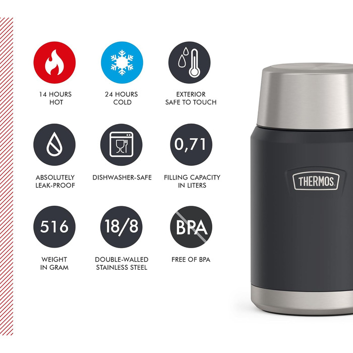 Термос ICON Food Jar 0,71 л, темно-сірий/графітовий мат, контейнер для їжі 710 мл, з подвійних стінок з нержавіючої сталі 18/8, зберігає тепло та холод, з відкидним ложкою, неслизьке дно, абсолютно герметичний