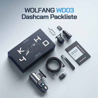 WOLFANG Dashcam Auto Передній та Задній 4K WiFi відеореєстратор з 32GB SD карткою, Ultra нічне бачення, 170° широкий кут огляду, WDR, 24 год. режим паркування, G-сенсор, циклічна запис
