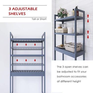 SMIBUY Toilet Shelf, Bamboo Toilet Shelf, Adjustable Washing Machine Shelf, Bathroom Shelf with 3 Storage Shelves, Space-Saving, Easy to Assemble (Gray)