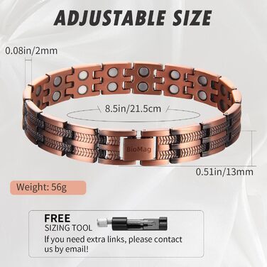 Браслет BioMag з міді для чоловіків: зняття болю при артриті, терапія, регульований розмір, подарункова коробка