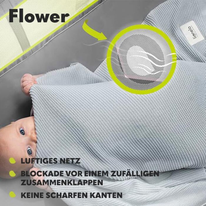 Дитяче ліжечко-манеж Lionelo Flower 4в1 з боковим входом, пеленатором, двома рівнями висоти, ігровою дугою, колесами та сумкою, світло-сірий